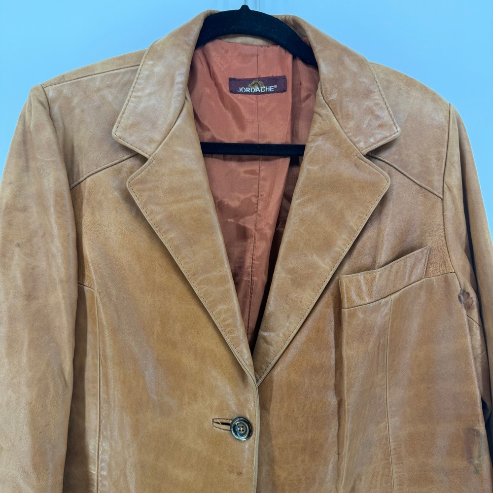 Jordache Leather Blazer Women Large Cognac Brown Vintage 70s 80s Jacket FLAW - Picture 2 of 16